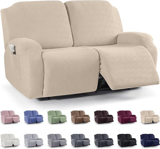 KinCam Recliner Covers, Stretch Reclining Chair Covers, Recliner Sofa Slipcovers Stripe Jacquard Recliner Couch Covers Furniture Protector Covers (2 XL Seater, Vanilla)