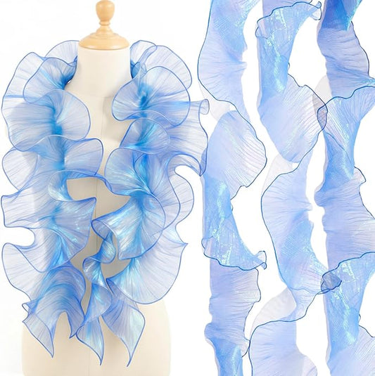 Ganeen 32 Yard Ruffle Pleated Iridescent Ribbon, Sapphire Blue Jellyfish Organza Ruffle Trim, Retro Tulle Lace Fabric for Jellyfish Costume Sewing Craft Dress Hat Lantern Cake Christmas Tree Decor