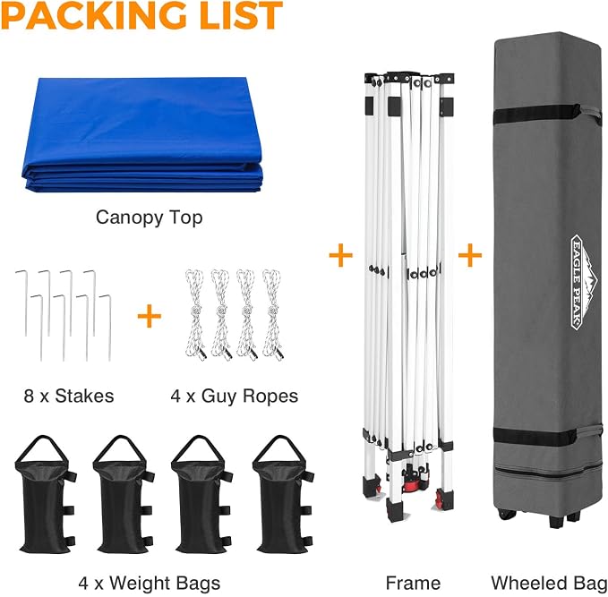 EAGLE PEAK Pop Up Canopy Tent with Wheeled Carry Bag, 8 Stakes, 4 Ropes, 4 Weight Bags, Easy Set Up Tent Canopy, 10x10 ft, 100sqft of Shade, Blue
