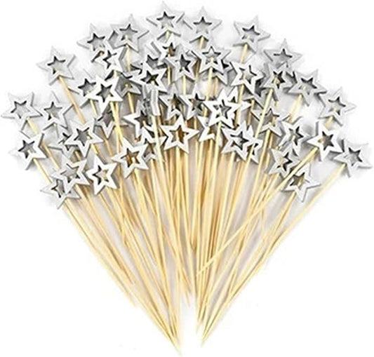 Durable 200Pcs Star Disposable Bamboo Skewer Gold Silver Buffet Fruit Food Pick Cocktail Cupcake Stick Christmas Birthday Wedding Decor(Silver)