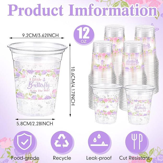 Funnymoom 60 Pack Butterfly Baby Shower Cups, a Little Butterfly Is on The Way Baby Shower Decorations, 12 oz Pink Purple Floral Disposable Clear Plastic Cups for Spring Summer Birthday Party Supplies