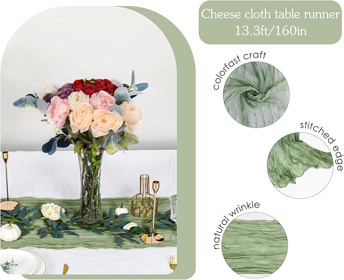3 Pack 160 inch Sage Green Cheesecloth Table Runner-13.3ft Long Sage Table Runner Sheer Gauze Cheese Cloth Runner Sage Party Decorations for Wedding Reception, Baby Shower Bridal Shower Birthday Party