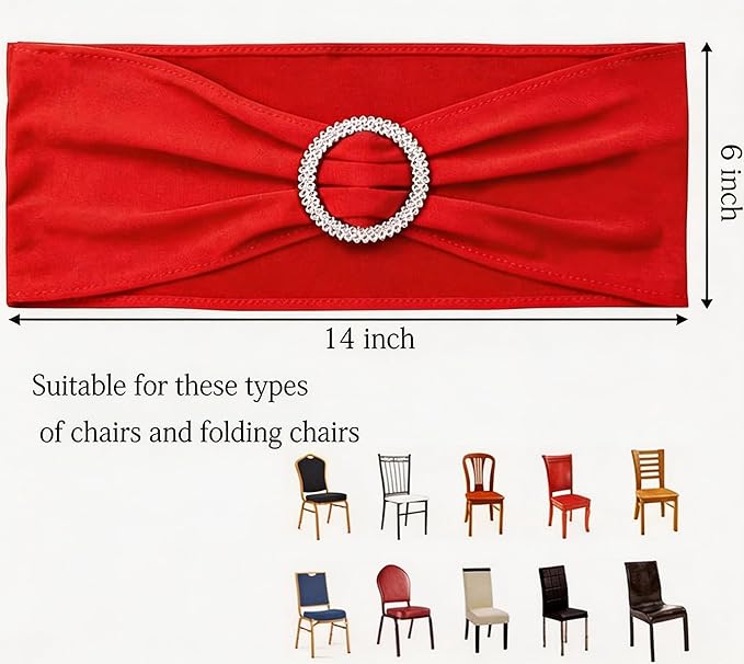 Pack of 50 Spandex Red Chair Sashes for Wedding Chair Bows Ties Stretch Chair Bands with Silver Buckles for Party Birthday Engagement Banquet Christmas Event Decorations (Red)