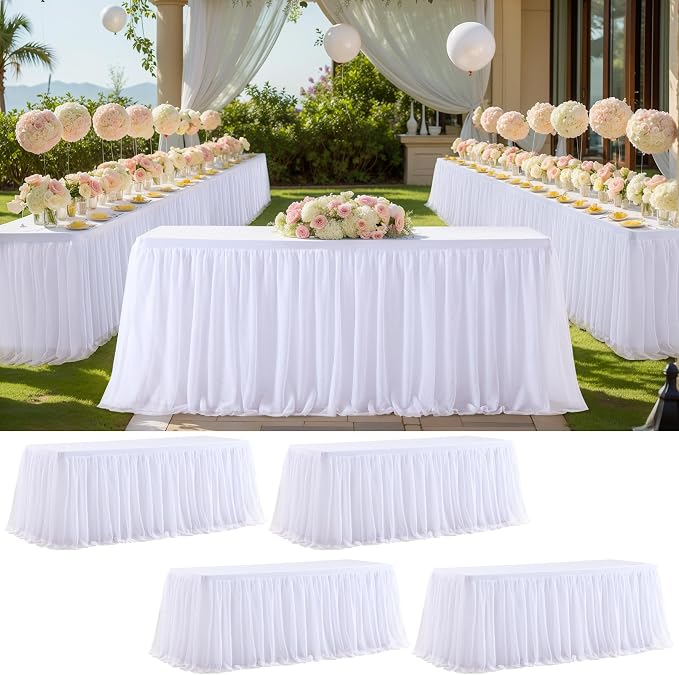 4 Pack White Tulle Tablecloth Table Skirt for 6 Foot Rectangle Tables, Wedding Table Cloths Ruffle Tutu Table Skirt Stretch Fitted Table Covers for Parties Birthdays Baby Shower Celebration Banquet