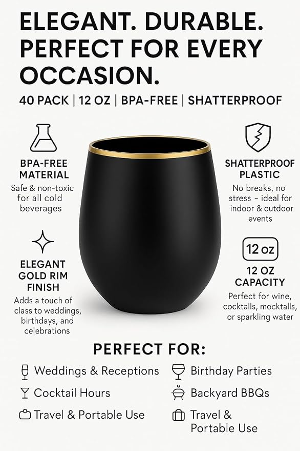 Oojami 40 count 12 Ounce Cups Unbreakable Stemless Plastic Wine Champagne Whiskey Glasses Elegant Durable Disposable Indoor Outdoor Ideal for Home, Office, Bars, Wedding, Black Gold Rim Matte