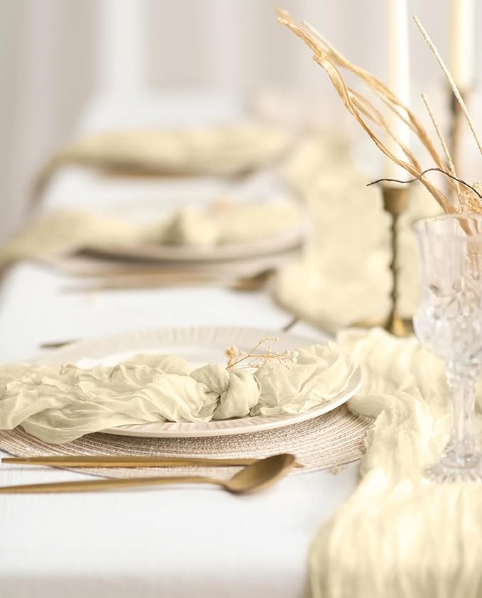12 Pack Ivory Cheesecloth Table Runner 10FT Boho Gauze Cheese Cloth Table Runner Rustic Sheer Fabric Table Runners for Wedding Bridal Shower Baby Shower Party(21.5×120 Inch)