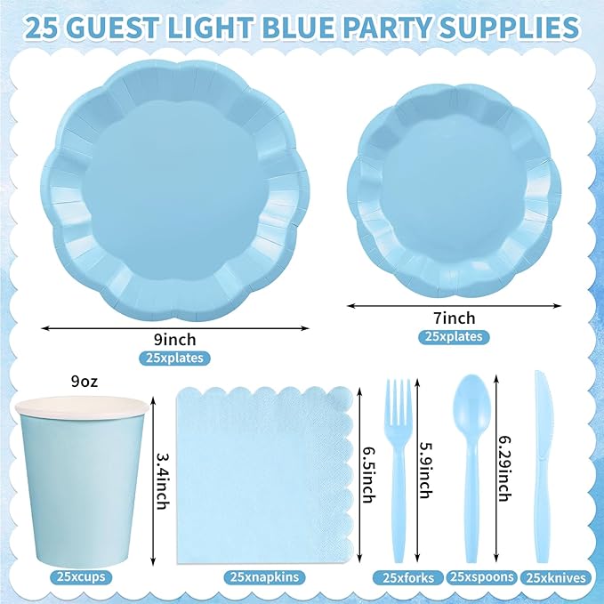 NatNarr 175 Pcs Light Blue Plates and Napkins Set, 25 Guest Blue Party Supplies Include Scalloped Plates Napkin Cup Forks Knives Disposable Plastic Cutlery for Wedding Boy Baby Shower Birthday
