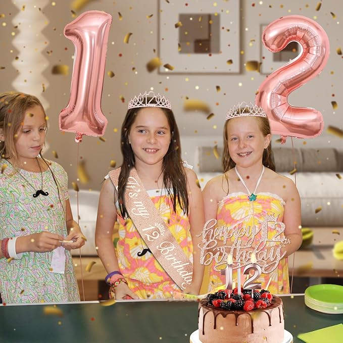12th Birthday Decorations for Girls, Including 12th Birthday Sash and Tiara, Cake Topper and Candles, Number Balloons, 12 Year Old Gifts for Girls