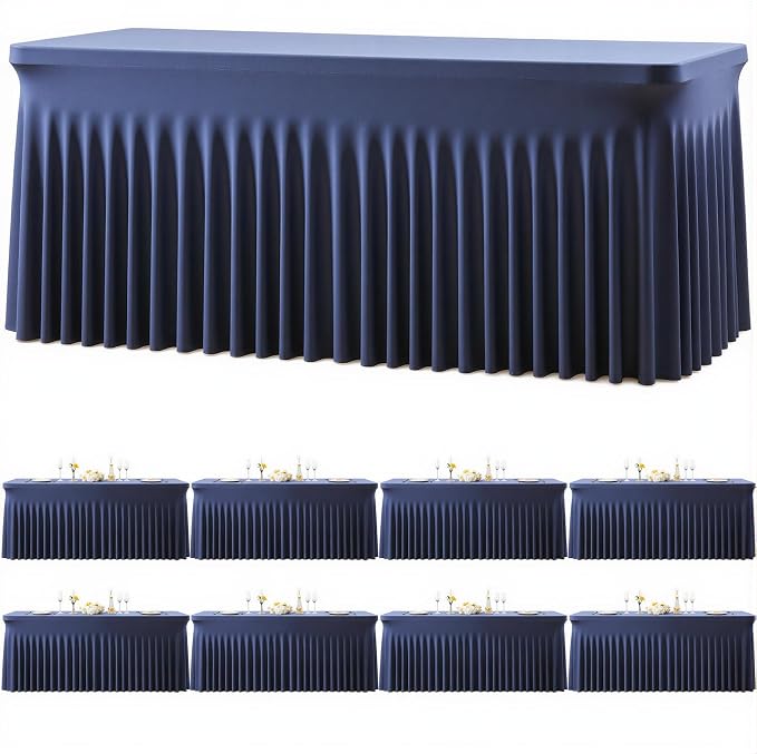 8 Pack Navy Blue Table Cloth for 6 Foot Rectangle Tables Spandex Fitted Tablecloth 6ft Stretch Table Covers Skirt Navy Blue Banquet Tablecloths Wrinkle Free Tablecloth for Party Wedding Birthday Event
