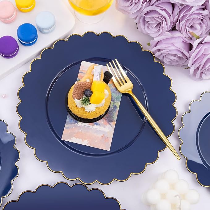 LIYH 60 Pcs Navy Blue Plastic Scalloped Plates with Gold Rim, Blue and Gold Disposable Patriotic Plates for Party Included 30 Dinner Plate 10.25 30 Dessert Plate 7.5 Inch for Party