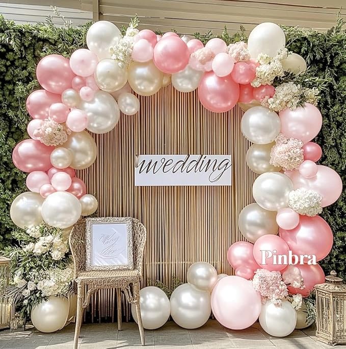 Pink White Balloon Garland Double Stuffed, Pastel Pearl Pink Champagne Gold White Sand Balloon Arch Kit for Mother's Day Birthday Baby Shower Bridal Shower Wedding First Communion Party Decorations