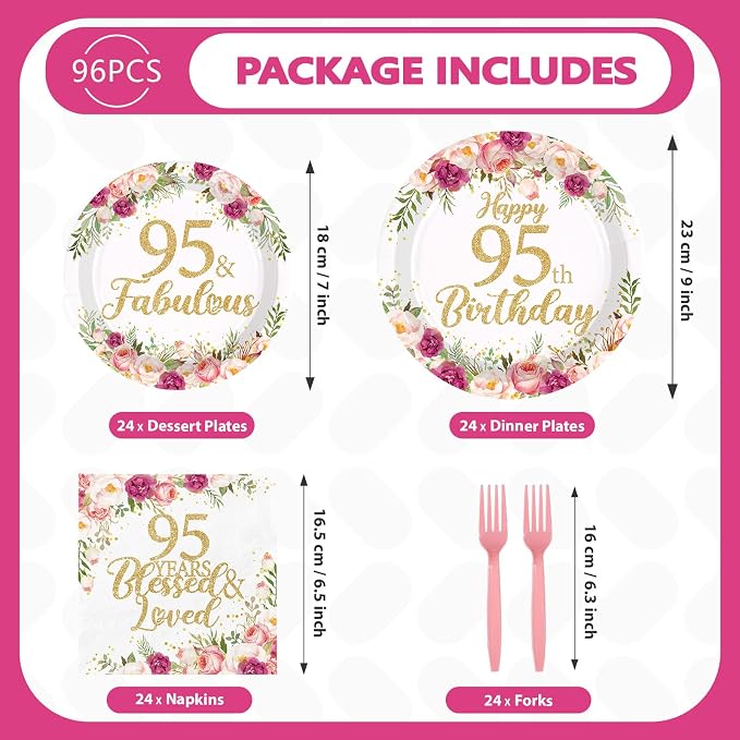 96Pcs 95th Birthday Decorations for Women Rose Gold Floral Party Plates and Napkins Disposable 95th Birthday Gifts Tableware Set for Women Fabulous Party Decorations Serves 24