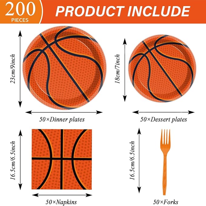 ZOIIWA 200 PCS Basketball Birthday Tableware Disposable Basketball Plates Napkins Party Supplies Sports Theme Dinnerware Set Basketballs Team Baby Shower Party Decoration Serve 50 guest