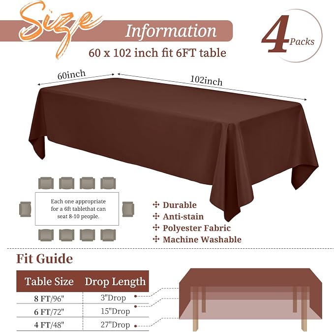 Showgeous 4 Pack Brown Tablecloth 60 x 102 Inch, Rectangle Table Cloth for 6 Foot Table, Wrinkle Resistant Washable Polyester Table Cover for Wedding Dining Table Buffet Parties and Camping
