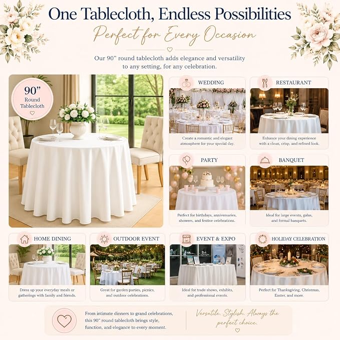 10 Pack 90 Inch White Round Tablecloth, Polyester Fabric Washable Table Cloth for Home, Party, Wedding or Restaurant Use.