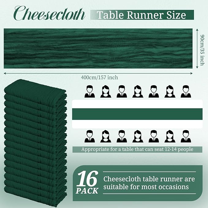 16 Pack Cheesecloth Table Runner 13Ft Boho Gauze Table Runner 35×157 Inch Rustic Romantic Long Table Runner for Wedding Party Bridal Shower Thanksgiving Christmas Decoration(Emerald Green)