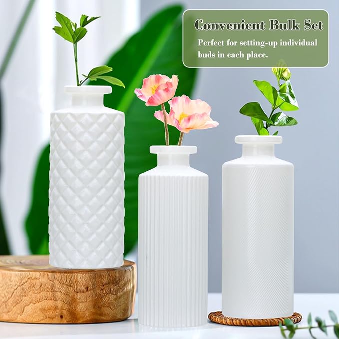 Glass Bud Vase Set in Bulk, 9pcs Mini Vintage Flower Vases for Wedding,White Relief Vase for Centerpieces,Home Table Flower Decor, Party Decorations