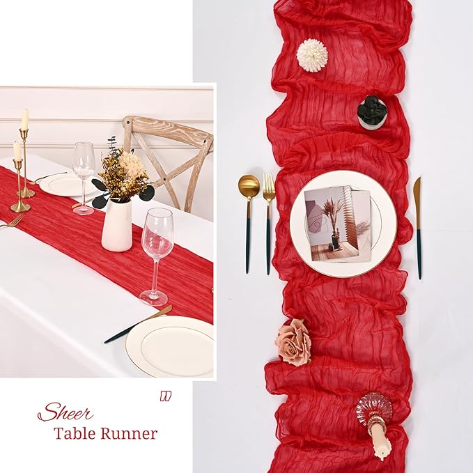 24 Pack Red Cheesecloth Table Runner,9FT Burgundy Runner,17x108inch Rustic Boho Gauze Table Runner for Wedding Party Bridal Shower Thanksgiving Christmas Boho Table Decoration