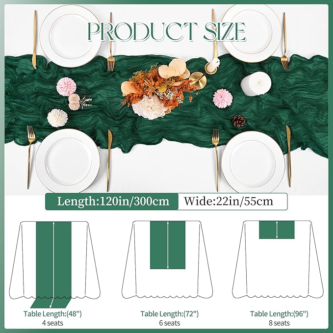 8 Pack Emerald Green Cheesecloth Table Runner 120 Inch 10FT Spring Boho Rustic Sheer Gauze Cheese Cloth Table Runner for Wedding Baby Shower Birthday Party Table Decor