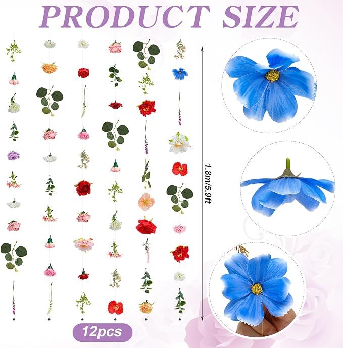 Suncalla 12 Pcs 70.8 ft Wildflower Garland Pre Strung Artificial Hanging Flower Vine Backdrop Decor from Ceiling Floating Silk Floral Garland for Garden Wedding Bridal Shower(Floral,Multicolor)