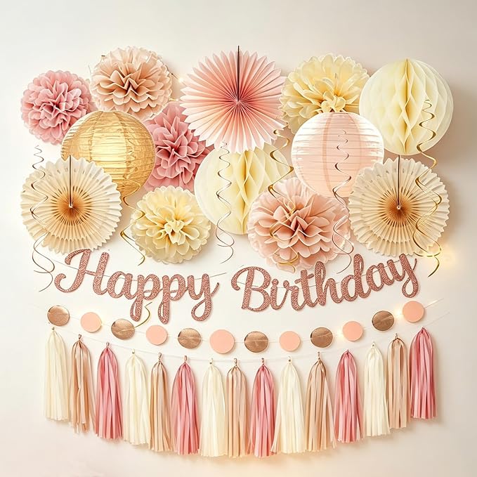 Boho Happy Birthday Party-Decorations Champagne-Gold Beige 34pcs Hanging Swirls,Tissue Paper Pompoms,Circle Dots Garland,Tassel Garland (Champagne Gold Birthday Set)