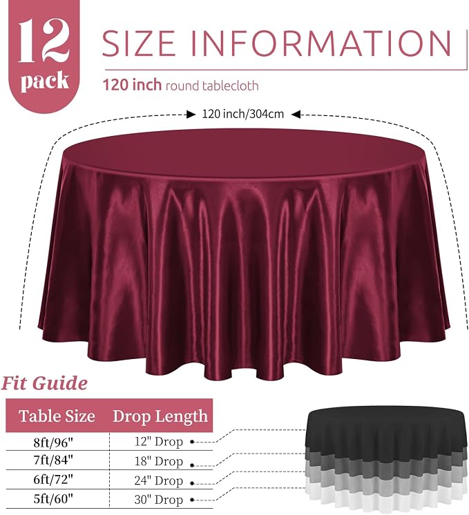 12 Pack 120 Inch Round Tablecloth, Burgundy Satin Fabric Table Cloth for Round Tables, Wrinkle Resistant Washable TableCover Bright Silk Table Clothes for Wedding Party Dining Tables Banquet