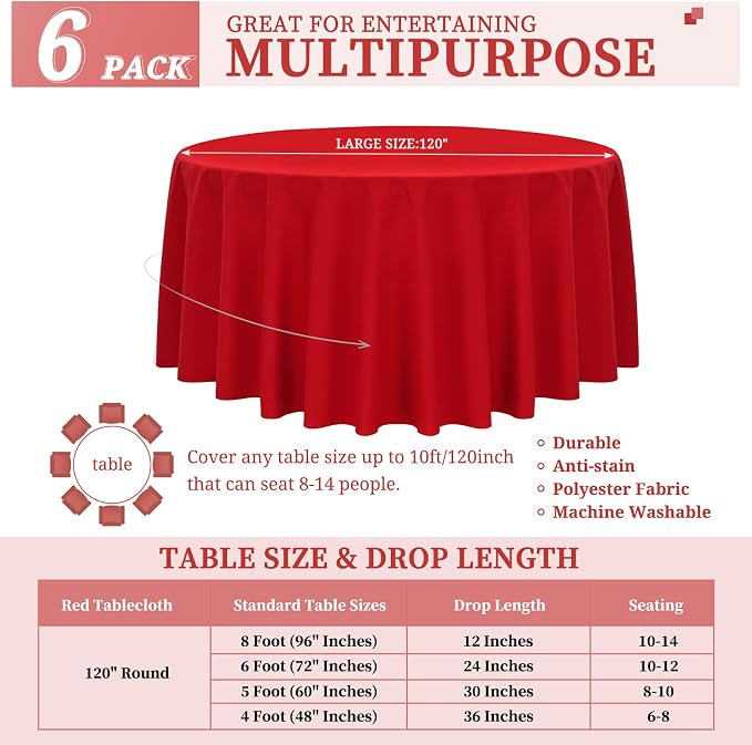 YMHPRIDE 6 Pack Round Tablecloth Red Table Cloth, 120 Inch Polyester Round Table Cloth,Red TableCloths Round Washable Fabric Table Covers for Wedding,Party,Dining,Banquet
