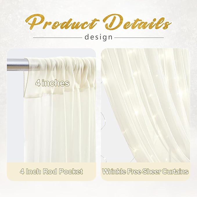20x8ft Ivory Tulle Backdrop Curtain with Lights String for Parites, Sheer Photo Backdrop Curtains with Lights for Wedding Backdrop Ceremony Reception Bridal Shower Baby Shower Birthday Party