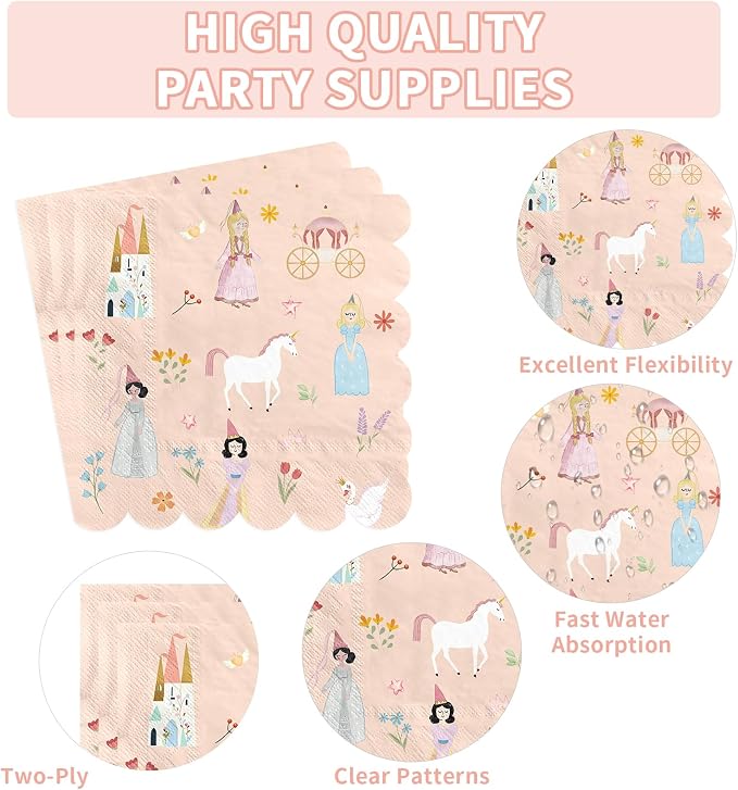250Pcs Princess Birthday Party Decorations Pink Fairytale Plates Napkins Cups Scalloped Edge Disposable Tableware Set for Girls' Princess Themed Birthday Baby Shower Party Supplies Serves 50