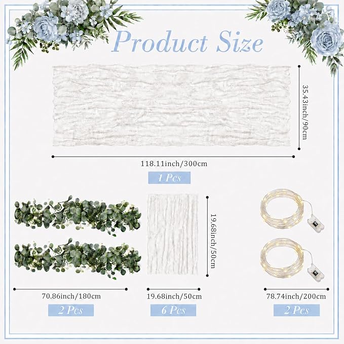 Cinrobiye 11pcs Cheesecloth Table Runner Set 120 Inch – Gauze Table Runner with Napkins, Eucalyptus Garland & String Lights for Wedding Baby Shower Table Decor, Rustic Boho