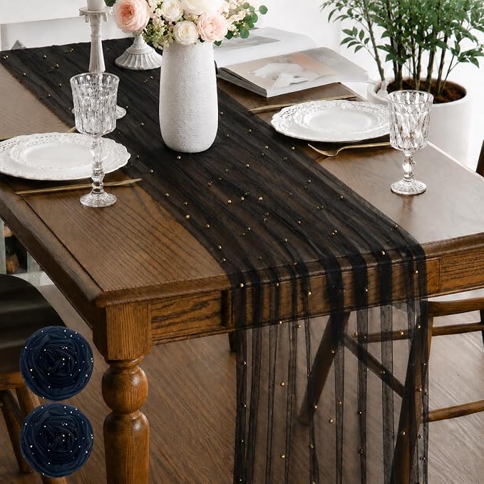 Pearl Black Gauze Pearl Table Runner 120 Inch 10FT, Seasonal Sheer Dining Holiday Wedding Birthday Baby Shower Tulle Summer Table Decor for Home Party