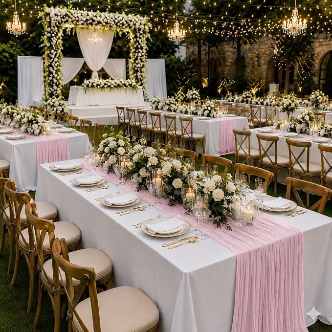 Cinrobiye 12 Pack Boho Wedding Table Decor Set, 6 White Tablecloths and 6 Cheesecloth Table Runners, Gauze Table Runner and Tablecloth Kit for Wedding Baby Shower Bridal Shower Party Reception(Pink)
