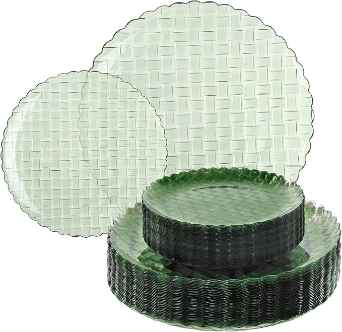 Festiva 60PCS Clear Sage Green Plastic Plates - Heavy Duty Weave Pattern Fancy Disposable Plates-serve for 30 guests Include 30PCS 10" & 30PCS 7" Plates for Wedding &Easter Party(Sage Green)