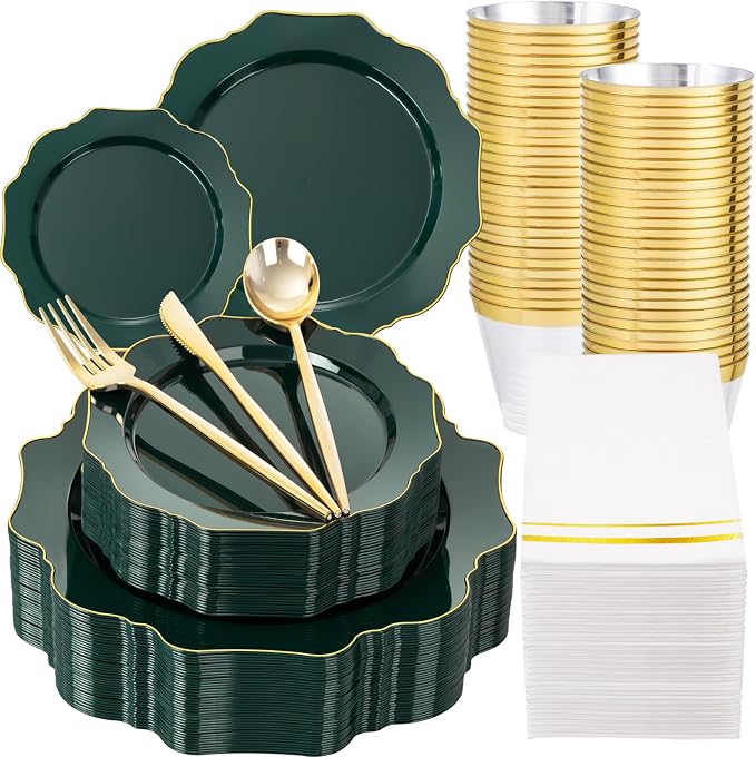 WDF 175Pcs Green Plastic Plates - Green Plates Disposable with Gold Rim - Christmas Plastic Plate - Fancy Disposable Dinnerware Sets 25 Guests Ideal for Party/Wedding/Birthday/2026 FIFA World Cup