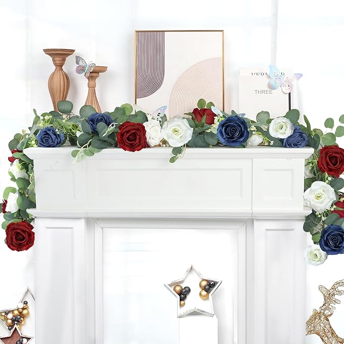 12FT Artificial Eucalyptus Flower Garland with Butterflies - Pack of 2 Fake Rose Faux Greenery Eucalyptus Garlands for Wedding Table Backdrop Centerpieces Decorations - Navy Blue & Burgundy& White