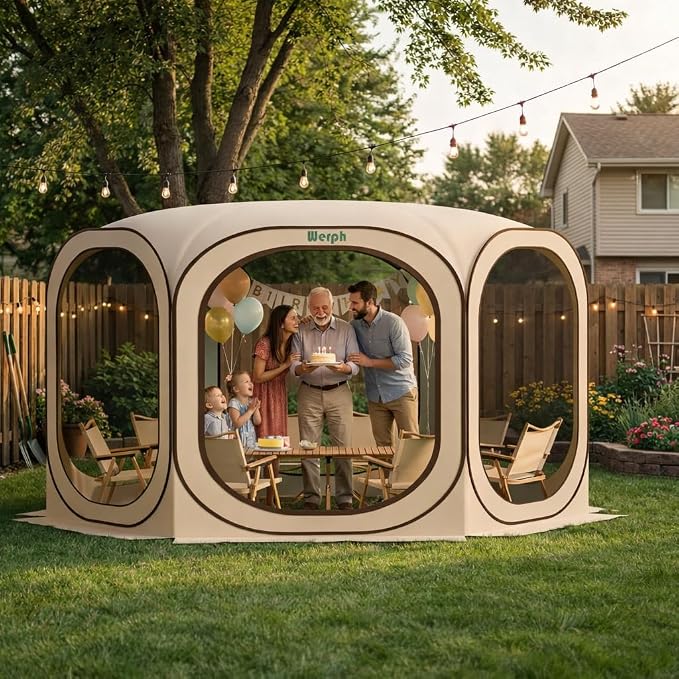 Werph 12x12 Pop Up Screen Tent, Mosquito Net Gazebo, UV Resistant, Beige | Roof Waterproof Screen Canopy, Quick Setup Outdoor Shelter for Backyard, Patio, Garden, Picnic, Camping and Events