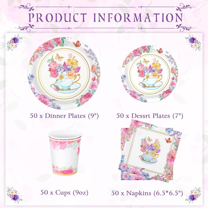 Pickmesh 250 Pcs Tea Party Disposable Tableware Set Paper Plates and Napkins Cups Supplies Tea Party Theme Dinner Dinnerware for Birthday Bridal Baby Shower wedding Decoration Serves 50