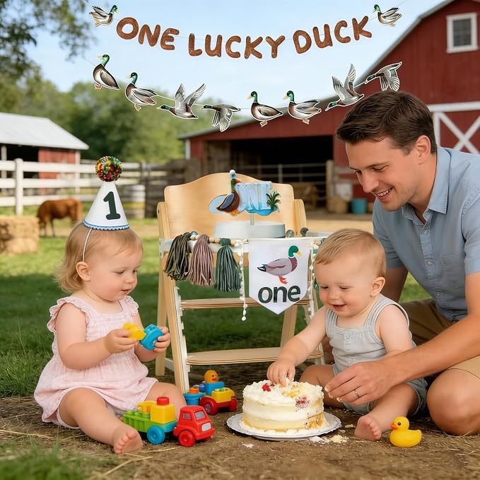 One Lucky Duck 1st Birthday Decorations- Mallard Duck Hunting High Chair Banner，One Lucky Duck Highchair Banner First Birthday with Cake Topper, Party Hat Mallard Duck Birthday Party Supplies