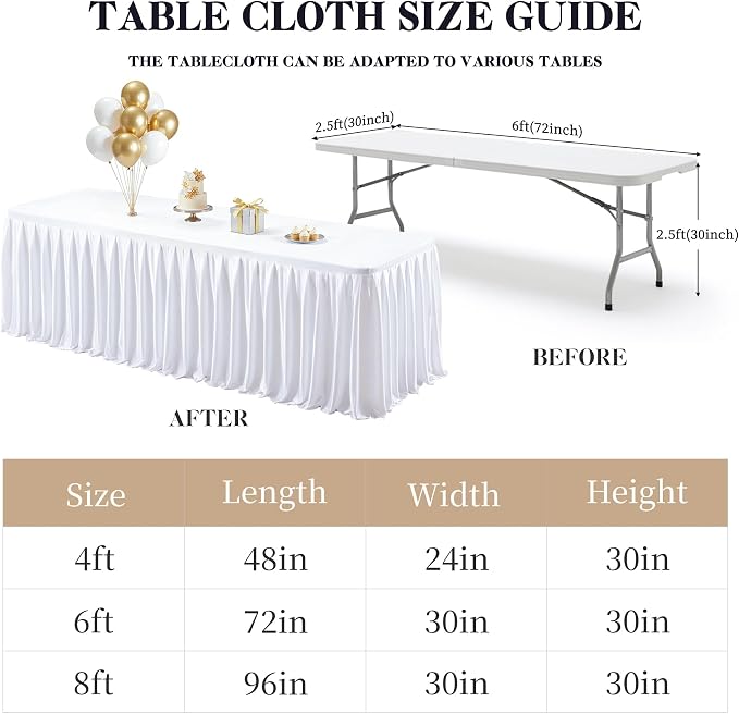 Wish Care 2 Pack Satin Table Cover Skirts for 6ft Rectangular Tables, White Shimmer Silk Tablecloth with Floor Length Ruffle for Wedding Banquet Party Buffet Decoration