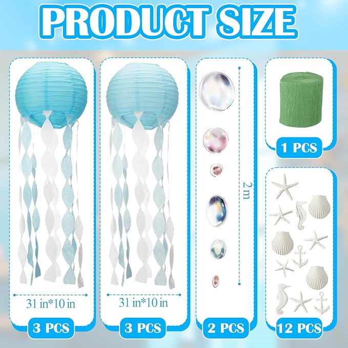 VioraWhite 21 Pcs Ocean Beach Birthday Party Decorations 6 Pcs 9.8'' Hanging Jellyfish Paper Lanterns 12 Resin Shell 2 Bubble Garlands for Nautical Under The Sea Mermaid Baby Shower Birthday Decor