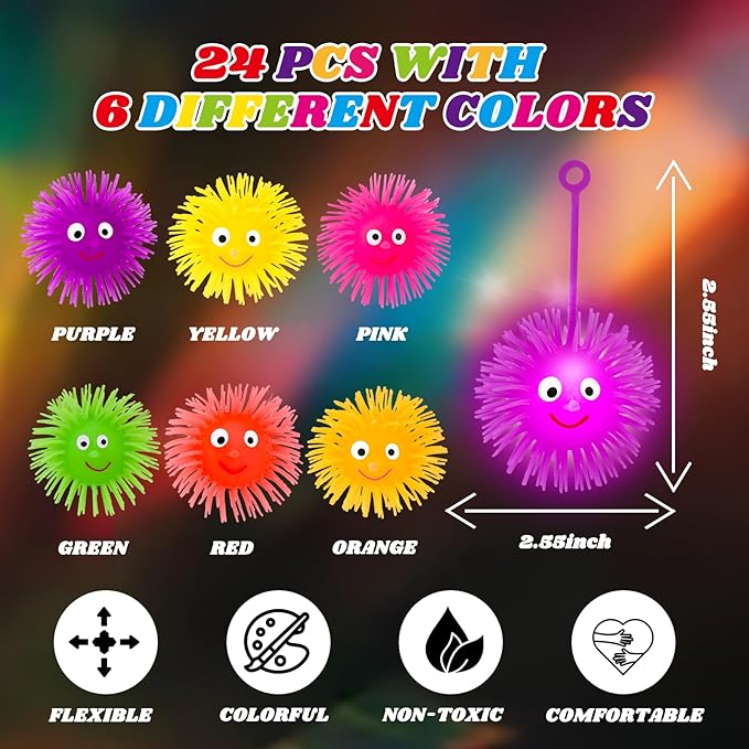 24 PCS Light Up Balls Party Favors for Kids 4-8 8-12 Sensory Squeeze Toys Bulk LED Puffer Balls Classroom Prizes Goodie Bags Stuffers Pinata Fillers Birthday End of Year Student Return Gifts
