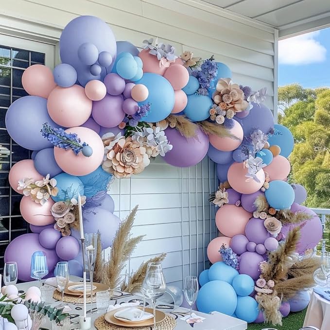 Pink Blue Purple Balloon Garland Double Stuffed Lavender Lilac Dusty Blue Pastel Balloon Arch Kit For Baby Shower Gender Reveal Baptism Birthday Party Decoration