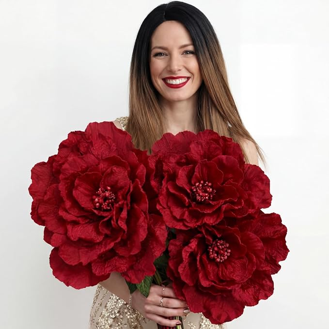 Norme 3 Pcs Artificial Giant Flowers for Decoration 12, 16, 20 Inch Wedding Large Rose Petals Giant Flowers Large Burgundy Red Rose for Home Decor, Anniversary Birthday Valentine's Day