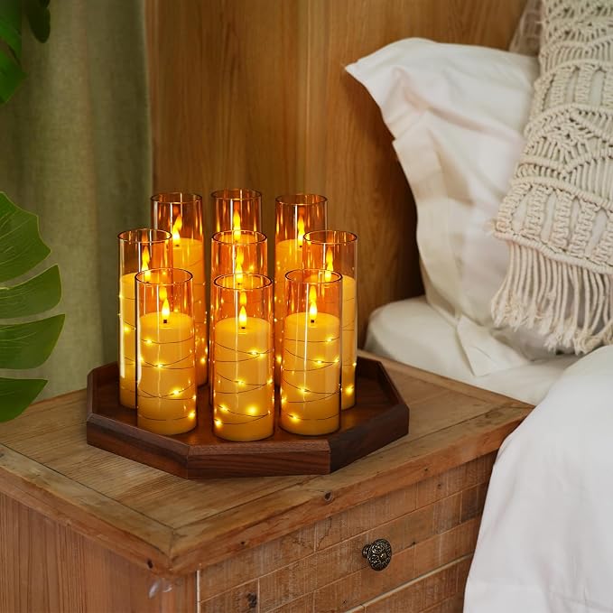 Raycare Flameless Candle with Remote Timer – 9 Flickering Acrylic Battery Operated LED Pillar Candles with Embedded Star String for Christmas, Home Decor, and as a Gift(Glod)