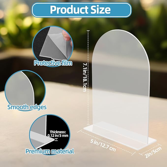 9 Pack Acrylic Wedding Signs 5 x 7 Inch DIY Blank Table Number with Base Frosted Arch Shape Menu Board for Party Anniversary Event Restaurant Cafe Decoration（Frosted）
