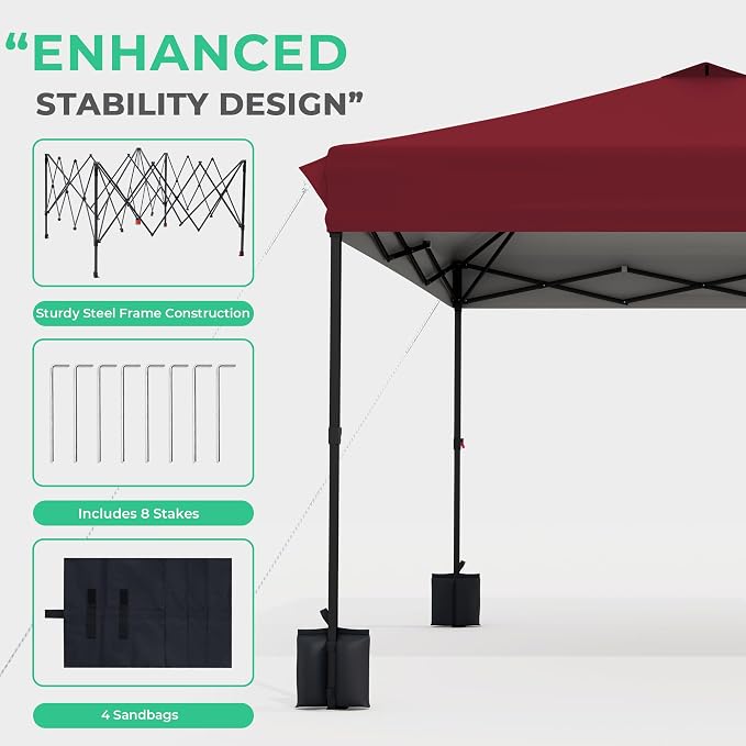 JEAREY 10x10 ft Pop Up Canopy Tent, Heavy Duty Outdoor Canopy with 1-Push Instant Setup, Commercial Tent with Roller Bag, 4 Sandbags and 8 Stakes, Water-Resistant, Red