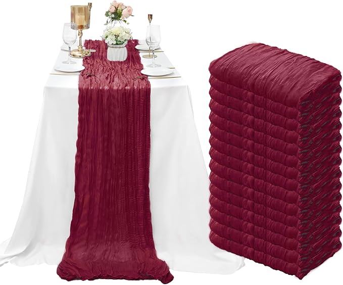 15 Pack Cheesecloth Table Runner 6FT Gauze Cheese Cloth Table Runner 35 x72Inch Romantic Boho Table Runners for Wedding Birthday Party Bridal Baby Shower Gender Reveal Engagement Table Décor(Burgundy)