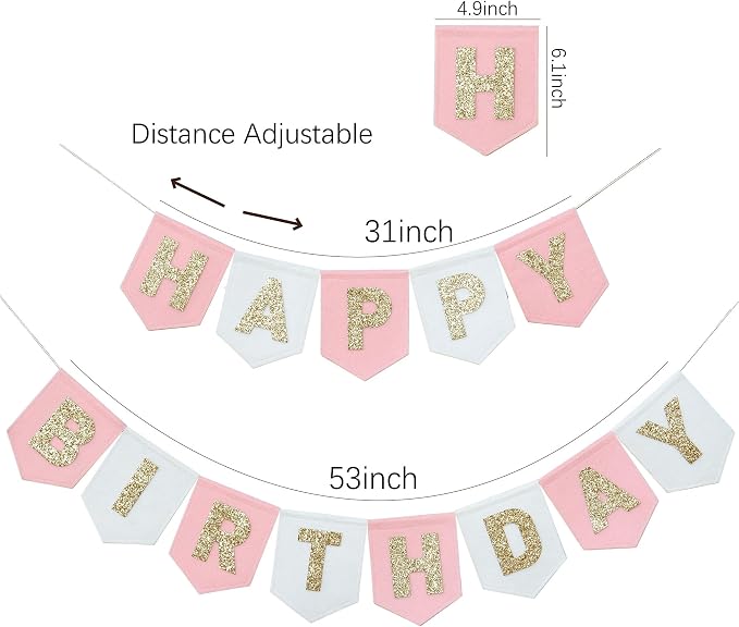 Felt Pink Gold White Happy Birthday Banner Birthday Decorations for Women Girls Boys Men Pets Handmade Party Backdrop