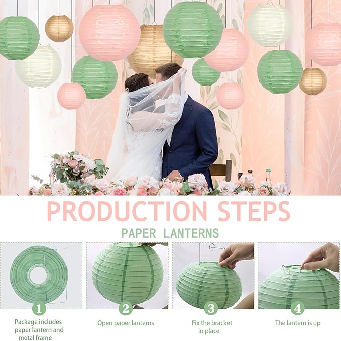 ADLKGG Paper Lanterns Party Decorative, Hanging Paper Lanterns for Sage Green Wedding Valentines Day Decorations Bridal Shower Birthday Neutral Baby Shower Decor Sage Green/Pink/Brown 21pcs