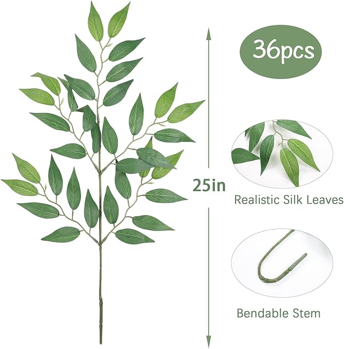 mizii 36pcs Italian Ruscus Artificial Greenery Stems Silk Green Leaves 20in Fake Spray Plants Stem Garland Greenery Decoration for Centerpieces Wedding Arch Flower Bouquet Table Room Wall Decor (36)